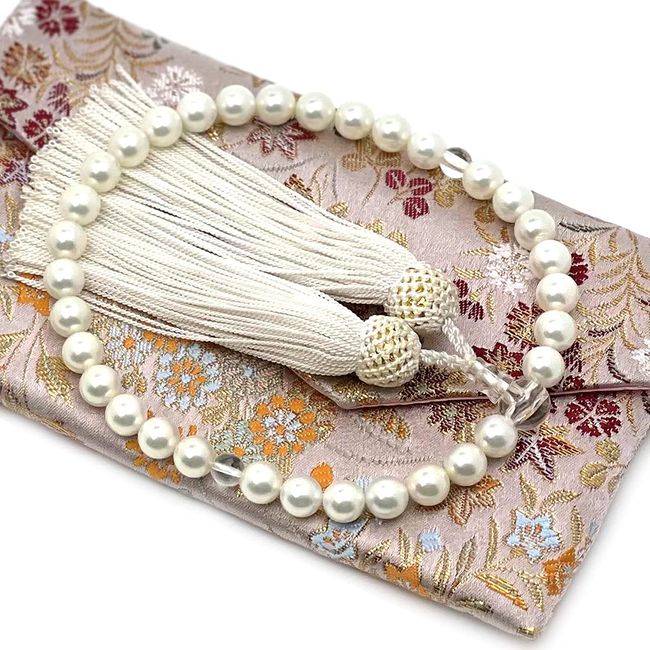 Eizen Nenjuya Prayer Beads for Women (Shell Pearl), Natural Shell Core with Head, White, Nishijin Textile, Rosary Bag Included, Can be Used in All Sects, Juzu Women's Prayer Beads, Handmade