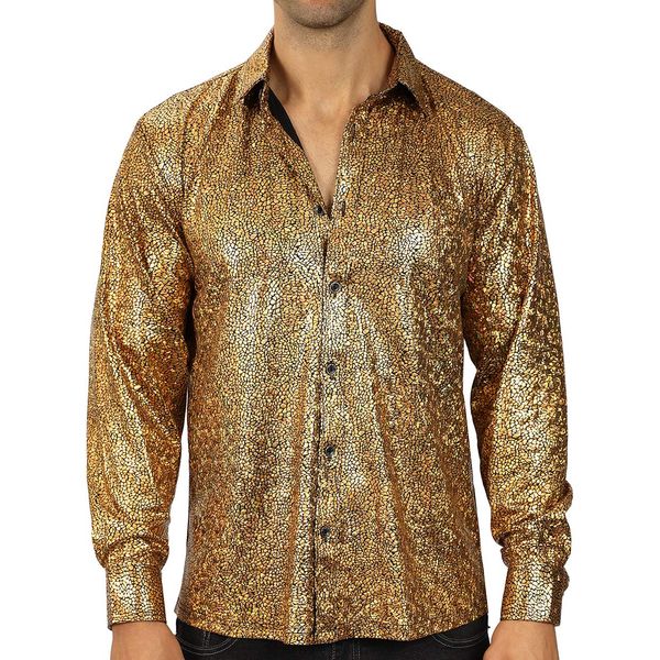 WULFUL Men Dress Shirt Sequins Long Sleeve Button Down Shirt Luxury Disco Party Nightclub Christmas Prom Costume