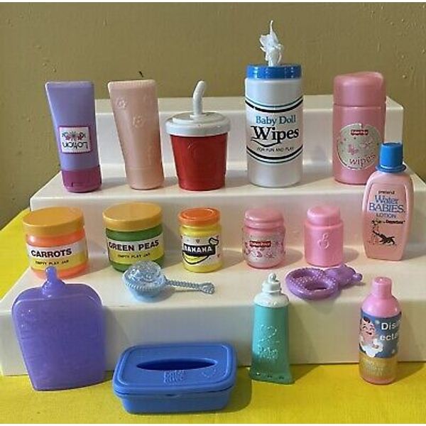 Toy Baby Doll Accessories LOT of 17 Pretend Play Toys lotion, wipes, baby food +