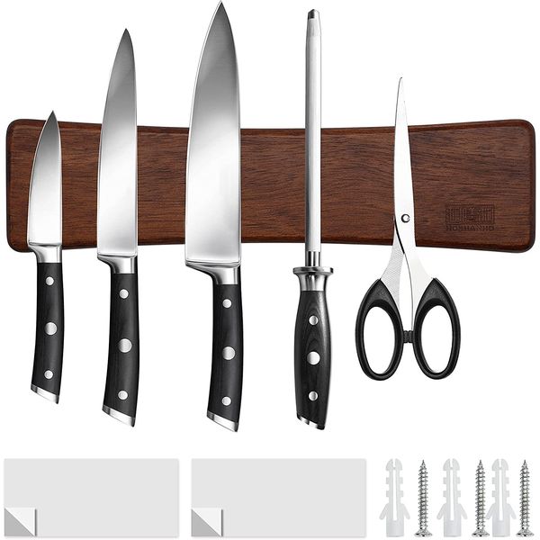 HOSHANHO Magnetic Knife Holder for Wall, Magnetic Knife Rack in Wood with Extra Strong Magnet, Knife Magnets Strip Use as Knife Bar, Knife Holder for Kitchen Utensil Organizer, 25cm