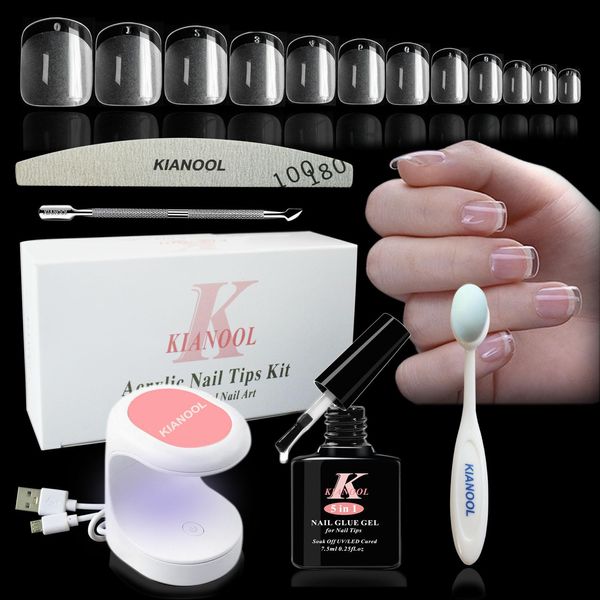 Nail Extension Kit, 552Pcs Short square nail tips and Glue Gel Kit, 5 in 1 Nail Glue Gel and Mini UV Lamp, false Nails Acrylic Nail Kit, Soft Gel Nail Tips Fake Nails with Glue for DIY Manicure