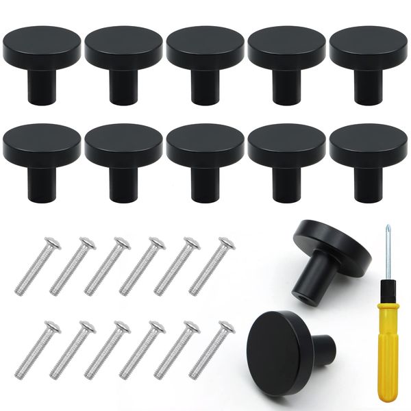 ZOCONE 12 PCS Black Door Knobs, 29mm Round Cabinet Knobs with 12 Screws & Double-Ended Dual-Purpose Screwdriver Black Kitchen Drawer Knobs for Cupboard Wardrobe Furniture-Minimalist Modern Style