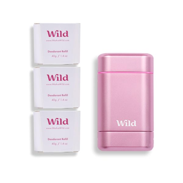 Wild Natural Deodorant for Women - Aluminium Free - Pink Case Starter Kit with 3 x Jasmine & Mandarin Refills (40g) - Vegan & Eco-Friendly - Long Lasting Protection - 100% Natural Ingredients