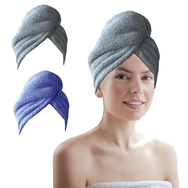 AGLIFEFY 2 Packs Microfiber Hair Towel Wrap for Women Super Absorbent Quick Dry Hair Turban for Drying Curly, Long & Thick Hair Grey+Blue