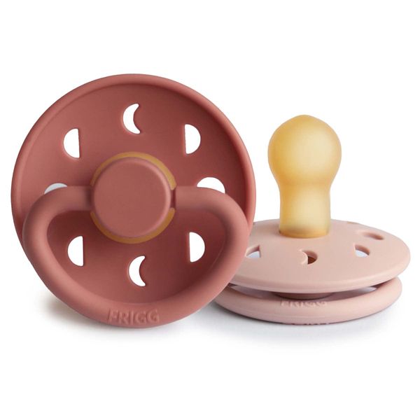 FRIGG Moon Natural Rubber Baby Pacifier | Made in Denmark | BPA-Free (Blush/Powder Blush, 0-6 Months) 2-Pack