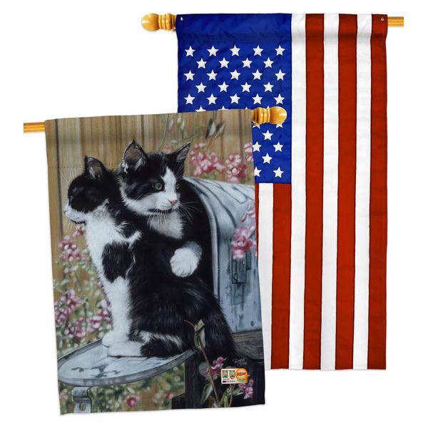 Breeze Decor Tuxedo Cat House Flag Pack Kitten Meow Spoiled Paw Fur Pet Nature Farm Animal Creature Applique Decoration Banner Small Garden Yard Gift Double-Sided, Made in USA