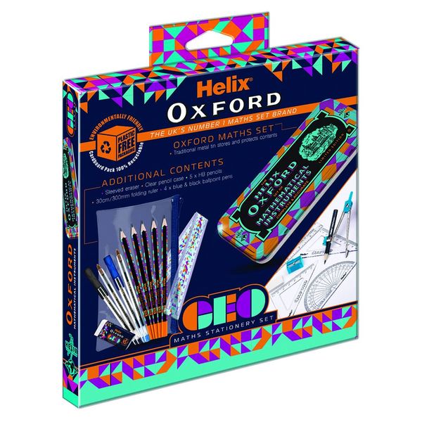 Helix Oxford Geo Complete Maths and Stationery Set - Oxford Maths Set, 30cm Folding Ruler, Ballpoint Pens, Eraser, Exam ready clear Pencil Case, Pencils - Orange Geometric Design