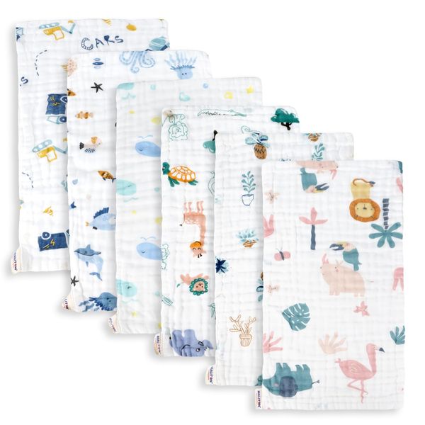 Maliton Muslin Cloths for Baby,6pk 50x25CM Burp Cloths Boys& Girls,100% Cotton Absorbent& Soft& Breathable 6 Layers Baby Muslins Pack,Baby Essentials for Newborn(Zoo Pattern, 6 Pack)