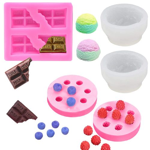 5 Pcs Candle Making Mold, 3D Ice Cream Ball Shape Candle Molds 2 Pcs with Chocolate Shape Molds, 3D Fruit Shape Silicone Fondant Mold for DIY Wax Candle, Soap, Cake Cupcake Topper Decoration