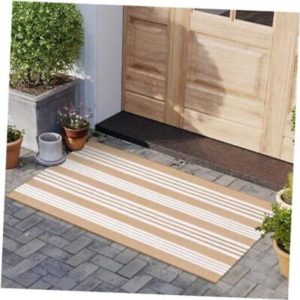 Tan Striped Front Door Mat Washable Low Profile Entryway 2'x4.3' Tan and White