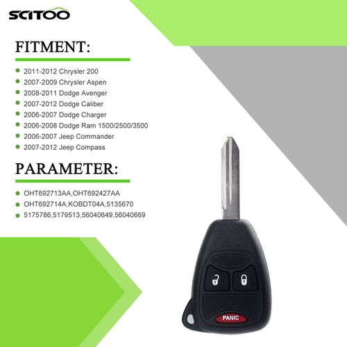 SCITOO 2 X Remote Head Key for Sebring for 200 for Dodge Avenger for Charger for Durango for Ram 1500 for Jeep Grand Cherokee for Patriot for Wrangler 2004-2016 OHT692713AA OHT692427AA OHT692714A