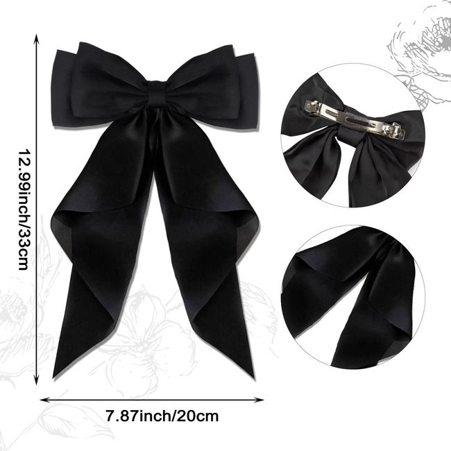 2Pcs Big Satin Hair Bows for Women Girls 10 Inch Barrette Hair Clip Long  Black White Silk Ribbon bride Wedding Bows French Style Hair Accessories  (Black+White)