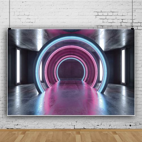 DORCEV 10x8ft Futuristic Sci-Fi Theme Backdrop Neon Lights Glowing Curves Space Station Photography Background Darkness Space Ship Space Tunnels Neon Glow Underground Tunnel Corridor Backdrop Banner