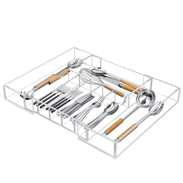 NIUBEE Expandable Kitchen Drawer Organizer for Flatware and Utensils,Clear Acrylic Adjustable Silverware Tray for Drawer,Office,Bathroom Supplies-9 Compartments