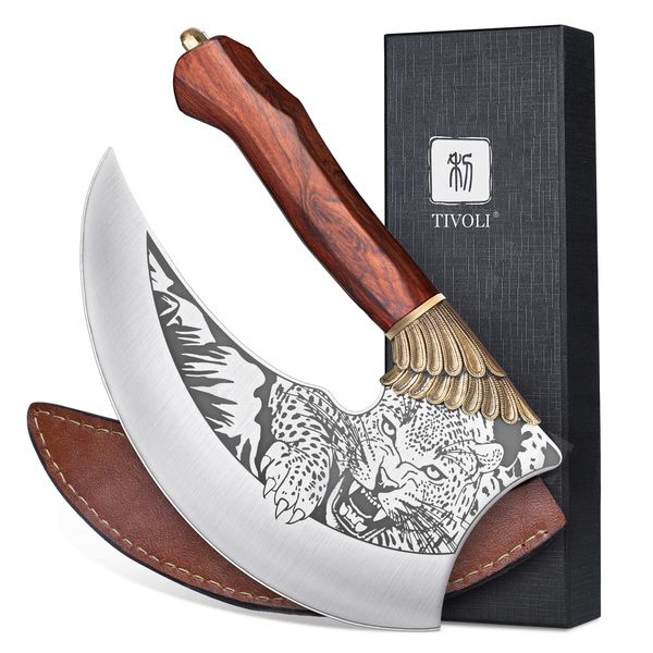 TIVOLI Ulu Knife 9-inch Pizza Cutter Axe, Viking Butcher Cleaver Knife, German 1.4116 Super Steel Rose Wooden Handle with Sheath & Box, Kitchen Knife Mincing Meat Vegetable Cleaver Rocking Knife