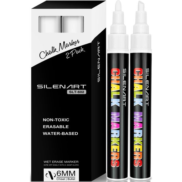 SILENART White Liquid Chalk Markers - Chalk Markers White - White Dry Erase Markers Pen - for Chalkboard Signs, Windows, Blackboard, Glass - 3-6mm Chisel Tip, 3mm Fine Tip