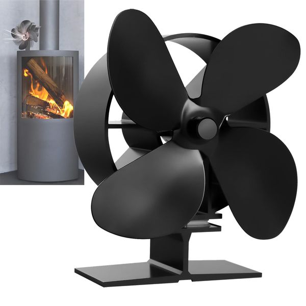 Wood Stove Fan 4 Blades Silent Operation Wood/Log Burner/Fireplace- Color Black