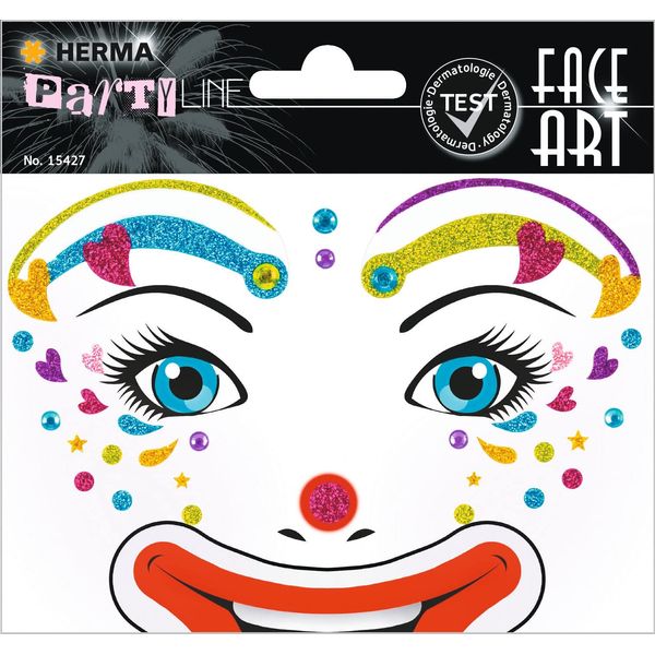 HERMA 15427 Face Art Sticker Clown, dermatologisch getestet, ablösbare Glitzer Gesicht Aufkleber, temporäre Tattoos für Karneval Fasching Halloween Festival Kinder Geburtstag, bunt