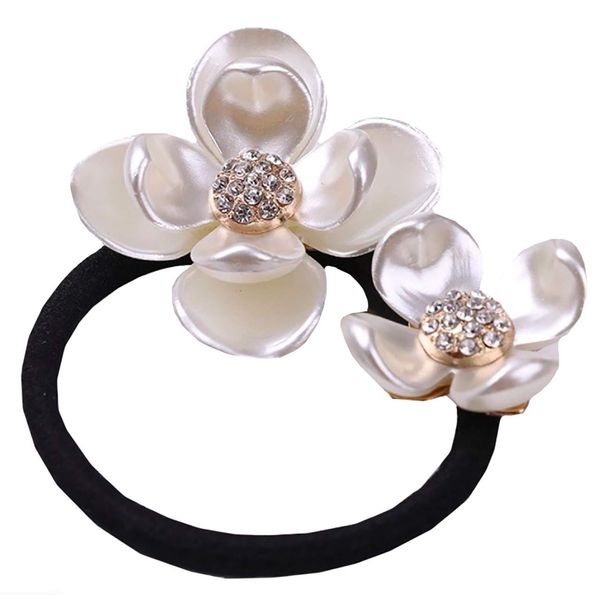 WHITE FANG ZA039 Hair Elastic Floral Flower Zirconia Adult Stylish Cute Hair Accessory (Black)