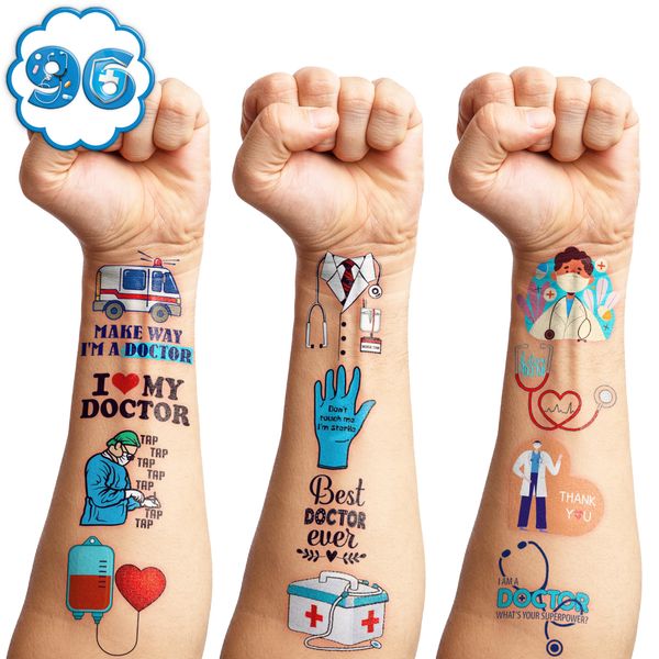 96PCS Funny Doctor Medical Equipment Temporary Tattoos Themed Birthday Party Decorations Favors Supplies Decor Cute Dr Healthcare Nurse Pharmacy Tattoo Stickers Gifts For Kids Boys Girls School Prizes