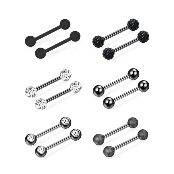 FINREZIO 14G 14-16mm Stainless Steel Nipple Tongue Ring Barbell Nipplerings Body Piercing Jewelry 12Pcs (14G Black tone, 14)