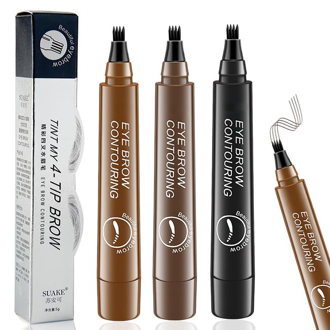 3pcs Suake Eyebrow Contouring Pen, SUAKE Eyebrow Pen, Suake Magical Precise Waterproof Brow Pen, Easy To Shape, Waterproof and Smudge-Proof Creates Natural(Natural black/dark brown/Light Brown)