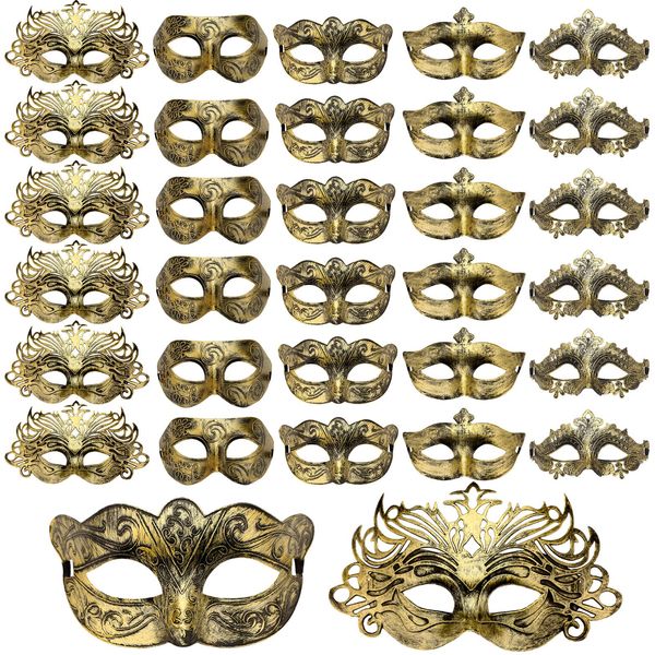 Yunsailing 30 Pieces Masquerade Masks Bulk Mardi Gras Antique Masks with Elastic Strap for Women Men Venetian Ball Party(Gold)