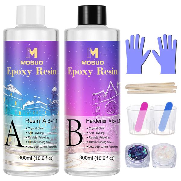 Epoxy Resin Crystal Clear Resin Kit for Beginners, 600ml/23oz Resin Accessories and Casting Resin Starter Kit with Resin Glitter, Measuring Cups, Gloves and Sticks for Art, Craft, Jewelry Making