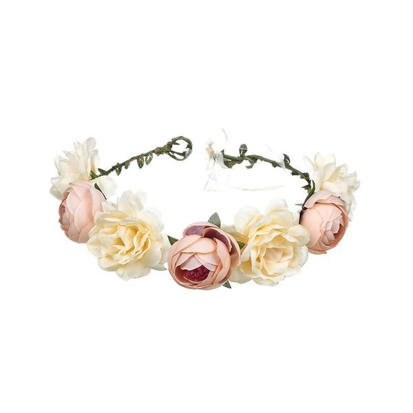 Flower Crown,Floral Garland Headbands Boho Rose Head Band Women Lady Girl Hairband for Hat Ornament Party Festival Beach Travle Bridal Wedding Hair Accessories Champagne