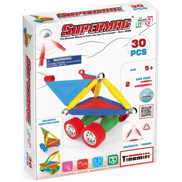 Tinamiri SUPERMAG - Wheels 30 | Educational Construction Fun | 30 Piece Set | Europe-Made | STEM | Toy Magnetic Building Sets | Magnet Toys | Supermag 0653