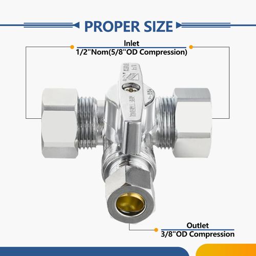 2-Pack GUOFIS Compression Tee Stop Valve, Water Shut-off Valves with 1/4 Turn,1/2" NOM (5/8" OD) x 1/2" NOM (5/8" OD) x 3/8" OD Compression Valve(VALVE247-2Pack)