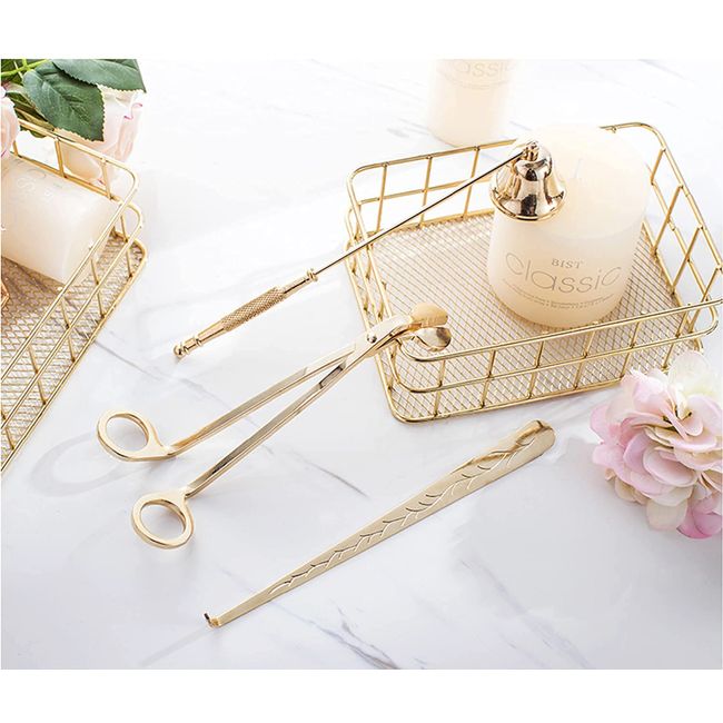 Candle Eraser Wicker 3 Piece Set Stainless Steel Household Eraser Candlestick Scissors for Household Doodle Altar Candle Accessories (Gold)