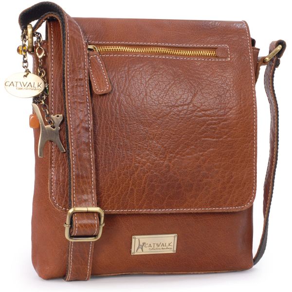 Catwalk Collection Handbags - Women's Leather Anti Theft Crossbody Bag - Medium Messenger Bag - Adjustable Shoulder Strap - ANJA - Tan