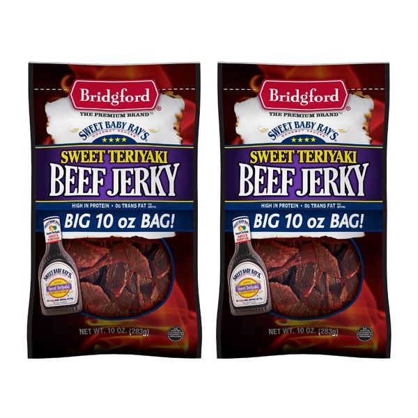 Bridgford Sweet Baby Ray's High Protein Beef Jerky, Low Carb Snack, Low Calorie, Keto Friendly, Sweet Teriyaki Flavor, 10 oz (Pack of 2)