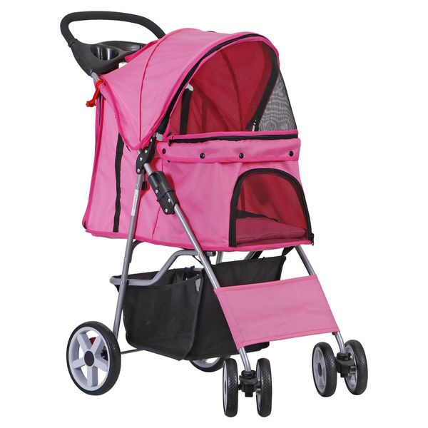 4 Wheel Pet Stroller For Cat Dog and More Foldable Carrier Strolling Cart Pink