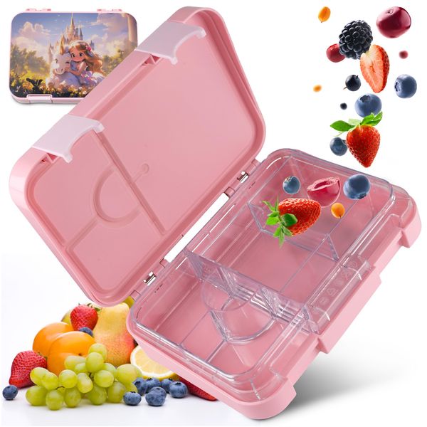 Boks184 Brotdose Kinder mit Fächern - Bento Box auslaufsicher - robust - BPA Frei Lunchbox Kinder - Brotbox Kinder für Schule, Kindergarten & Ausflüge - Snackbox -Vesperbox Kinder (Prinzessin rosa)