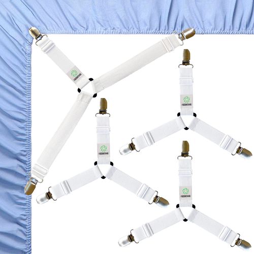 FIBOOMERANG Bed Sheet Clips, Triangle Bed Sheet Straps Fasteners Set 3 Ways Mattress Corner Suspenders Grippers Holders (4Pcs/Set, White)