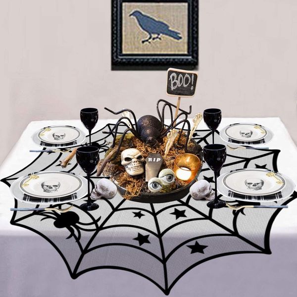 Halloween Party Table Runner Lace Tablecloth Spider Web Indoor Home Decor Black