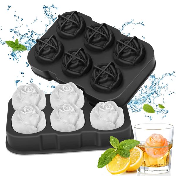 Eiswürfelform Silikon Rose,Eiswürfelbehälter 6 Rose Eiswürfel,Rose Eiswürfelbehälter Mit Deckel,Eiswürfelformen BPA Frei,für Gekühlte Getränke, Cocktails und Saftgetränke Ice Cube Tray (Schwarz)