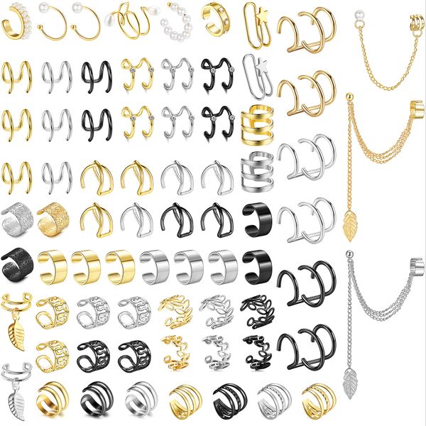 Dochais Ear Cuff, Helix Cartilage Clip on Earrings Ear Cartilage Clip on Wrap Earrings Ear Cuffs for Women Men Non Piercing Ear Clip Fake Earrings Cartilage(B-73 Pcs Gold/Silver/Black)