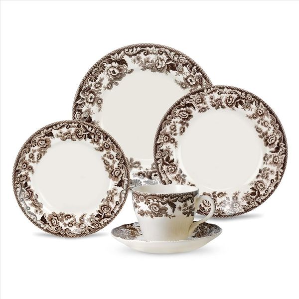 Spode Delamere 5 Piece Place Setting, Brown Earthenware, Includes Dinner Plate, Salad Plate, Bread Plate, Teacup and Saucer, Microwave and Dishwasher Safe