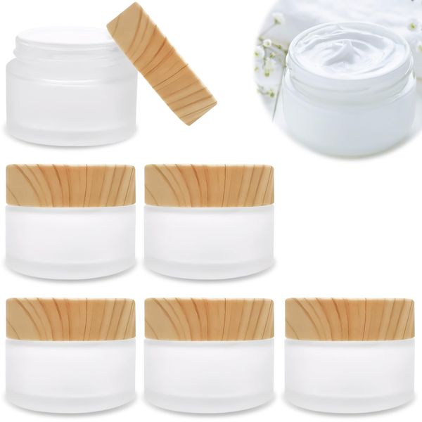 6Pcs Empty Glass Jars, 20ml Frosted Glass Cosmetic Containers with Bamboo Pattern Lid, Refillable Glass Face Cream Pot, Leak-proof Travel Jars for Creams Lotions Ointments Makeup