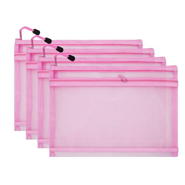 scicent Zip Wallets 4 Pcs Thick Plastic Wallets Zip Lock Bags Zipper Pouches Mesh Document Folders with Label Pocket for File Storage Paper Receipt Organization, A6, Pink