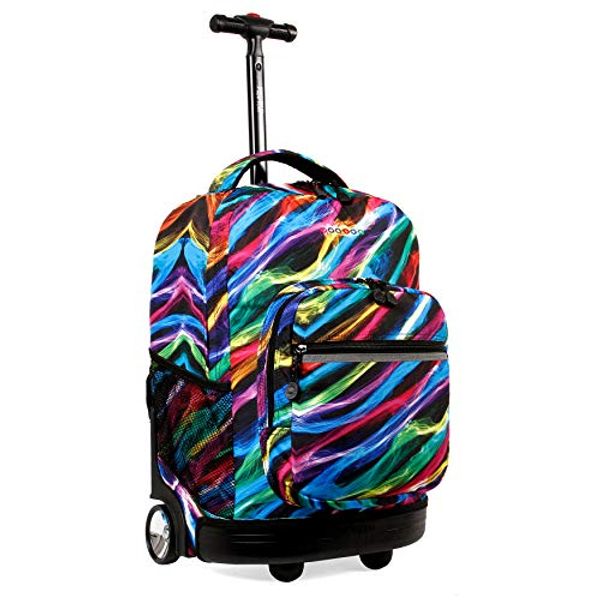 J World New York Sunrise Kids Rolling Backpack for Girls Boys Teen. Roller Bookbag with Wheels, Quantum, 18"