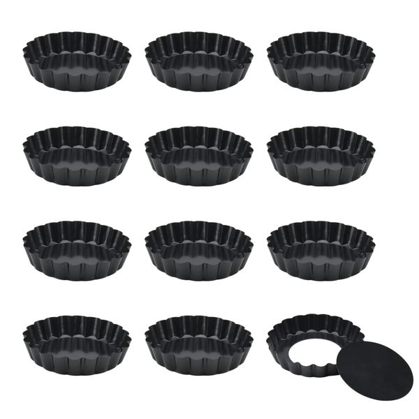 KEILEOHO 12 PCS 4 Inch Small Flan Tins, 10cm Mini Black Tart Pan with Loose Base, Round Fluted Quiche Tins for Baking, Cooking