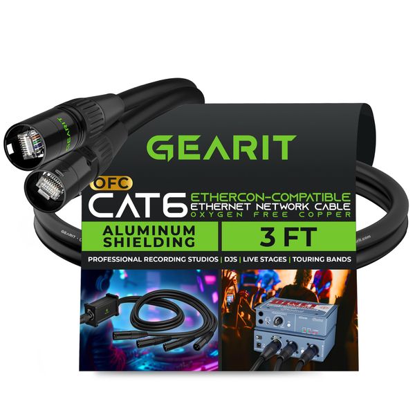 GearIT CAT6 Ethernet Cable, EtherCON-Compatible (3 Feet) RJ45 Connectors for Pro Audio, Aluminum Shielded, Oxygen Free Copper - 3 ft. - Black