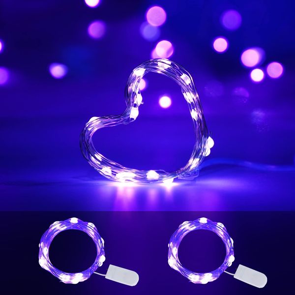 Battery Operated LED UV Black Lights, 2 Pack 6.56ft 20LED UV Lamp Bead Flexible Blacklight Fixtures Purple Fairy String Lights for Mason Jar DIY Gift Fluorescent Glow Party Body Paint Halloween Décor