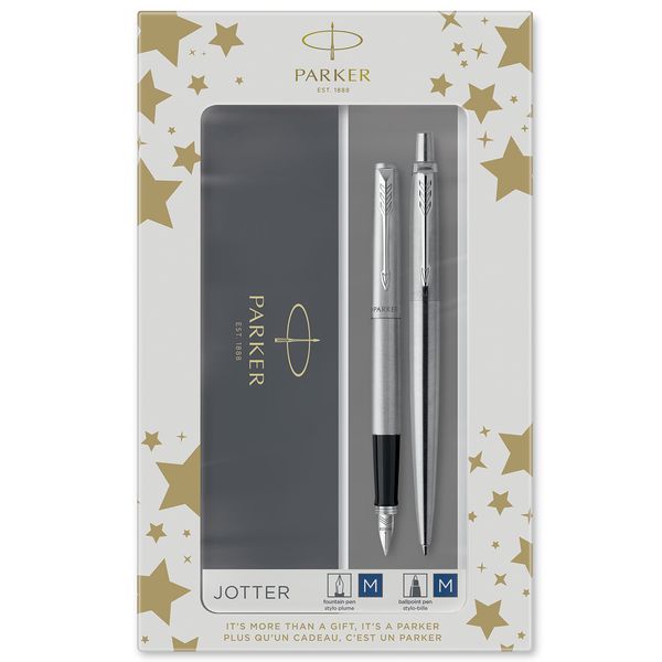 Parker Jotter Duo Gift Set with Ballpoint Pen & Fountain Pen | Stainless Steel with Chrome Trim | Blue Ink Refill & Cartridges | Gift Box