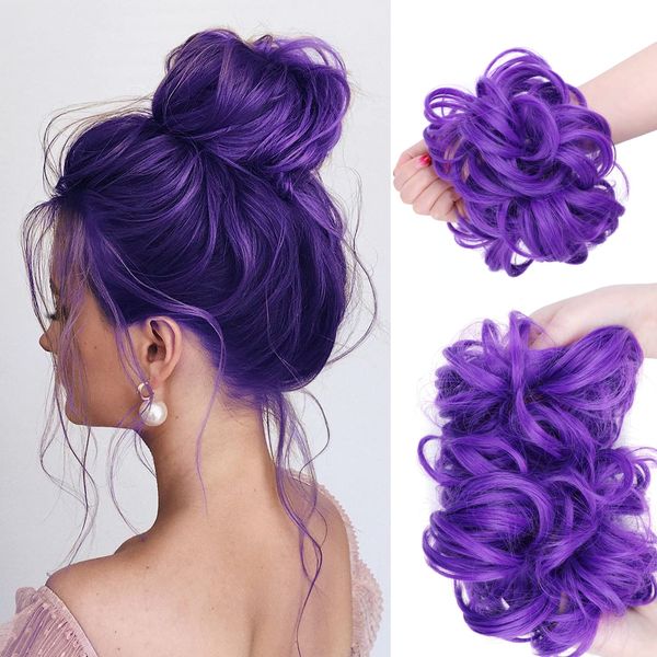 1 Piece Hair Bun Hair Piece Scrunchies Thick Up-do Synthetic Wig With Elastic Rubber Band Messy Bun Curly Wavy Donut Ponytail Hair Extension Hair Accessories For Women Girls (Purple, F120-T2411PR04)