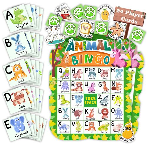 Animal Bingo Game for Kids Toddler Adults Family, Animal Bingo Cards Letter Recognition Jungle Safari Party Game with 24 Players & 40Pcs Punny Stickers for Party Favors Kindergarten Activity Supplies